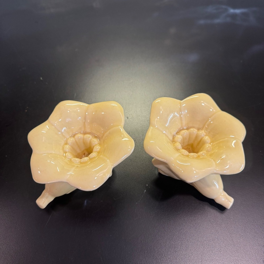 Vintage Flower Candle Holders Set of 2 Yellow Morning Glory Ceramic 3x4in